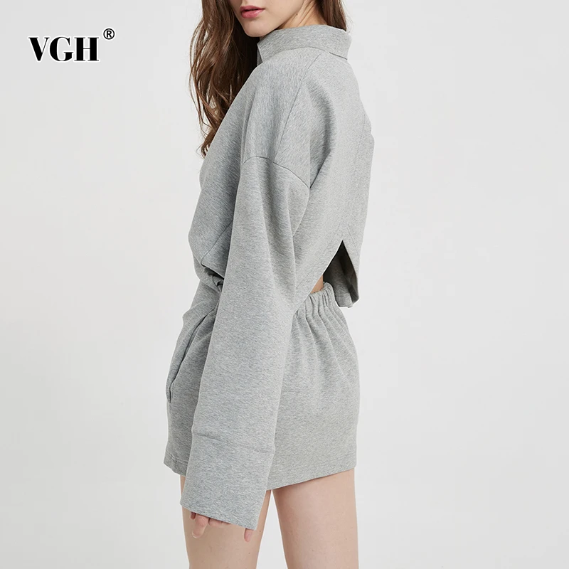 

VGH Casual Gray Cut Out Track Mini Dress Females Lapel Long Sleeve High-waisted Korean Fashion Slim Solid Dresses For Women 2021