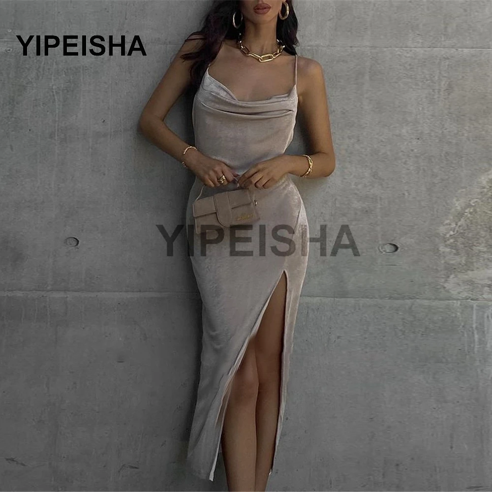 Sexy Velour Evening Party Dresses Spaghetti Straps Side Slit Prom Gowns Backless Tea Length 2021 Clubbing Dress 
Sexy Velour Evening Party Dresses Spaghetti Straps Side Slit Prom Gowns Backless Tea Length 2021 Clubbing Dress