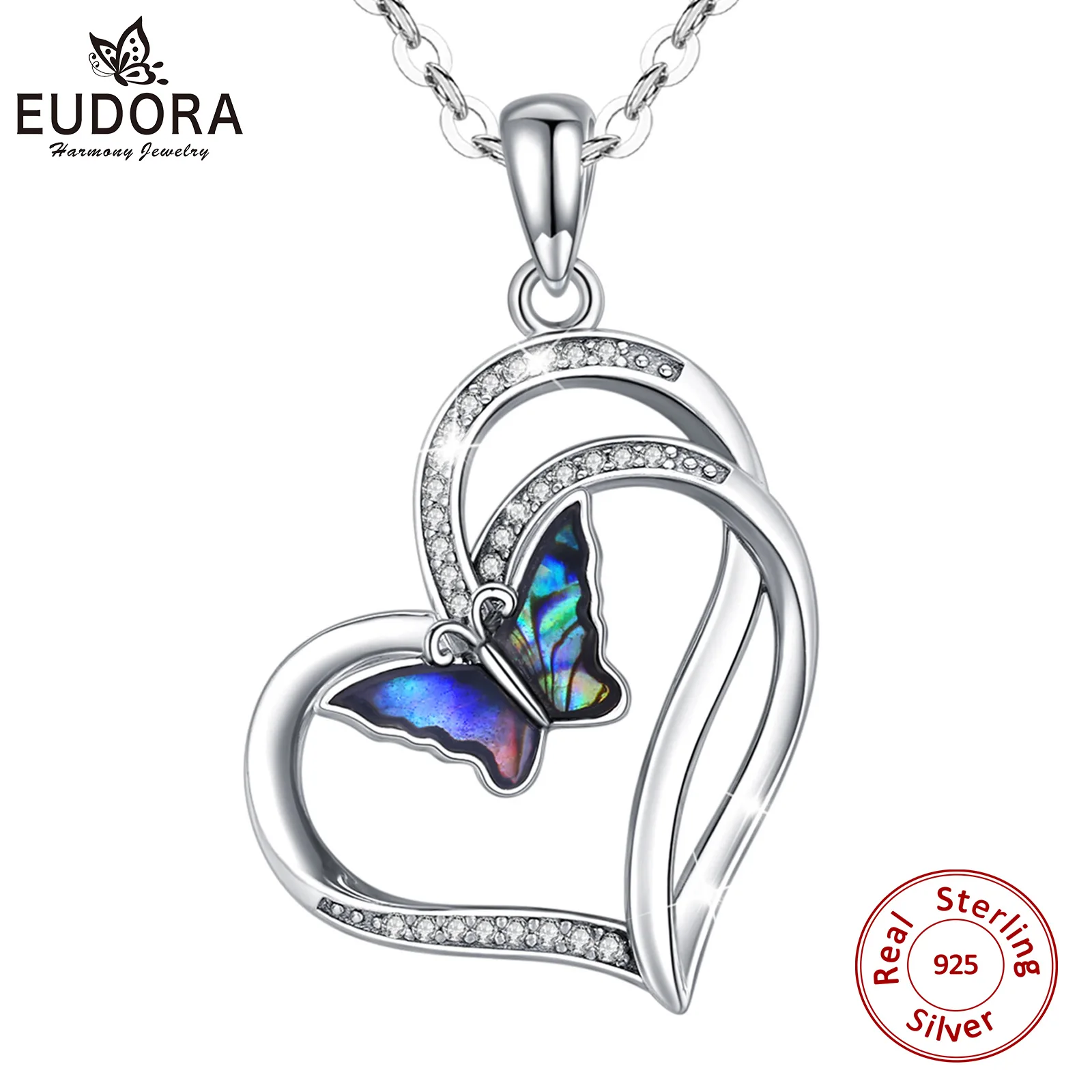 Eudora Real 925 Sterling Silver Blue Flying Butterfly Pendant Mother of Pearl Necklace Fine Jewelry for Women Elegant Gift D603 on - Кулон-бабочка Eudora Real из настоящего серебра 925 пробы с изумрудно-голубыми крыльями и вставкой из перламутра на ожерел