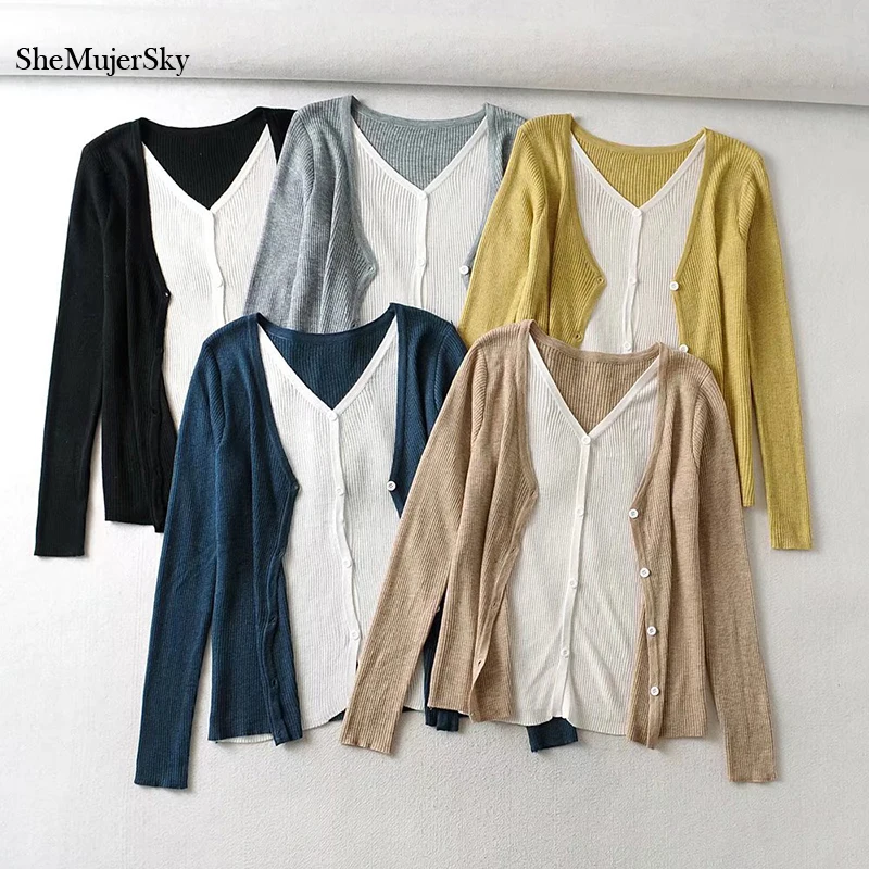 SheMujerSky Women Long Sleeve Spliced Cardigans Knitted Elastic V-neck Sweaters 2021 Single Breasted Sweater
SheMujerSky Women Long Sleeve Spliced Cardigans Knitted Elastic V-neck Sweaters 2021 Single Breasted Sweater