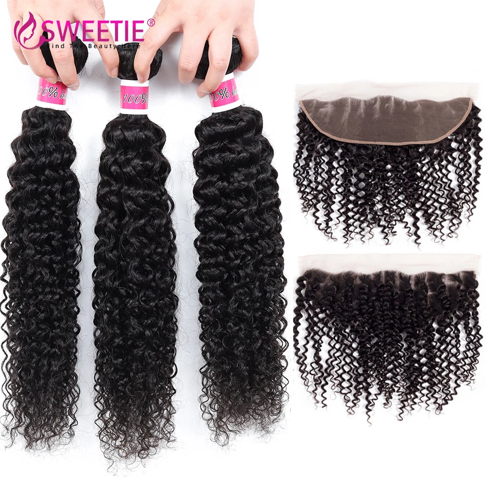 

Afro Kinky Curly Bundles With Frontal 3/4 Bundles Indian Human Hair Weave Extension Remy Hair Bundles With Lace Closure