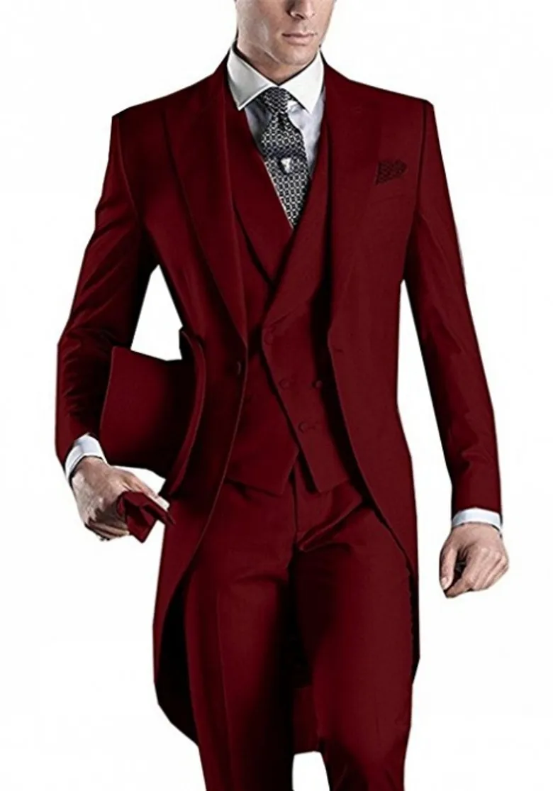 

Morning Style Men Suits Burgundy Groom Tuxedos Peak Lapel Groomsmen Wedding Bridegroom 3 Pieces ( Jacket+Pants+Vest+Tie ) D112