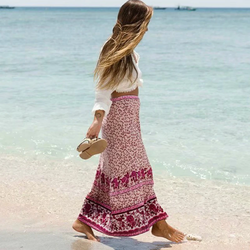 Boho летняя винтажная плиссированная длинная юбка с цветочным принтом женские
