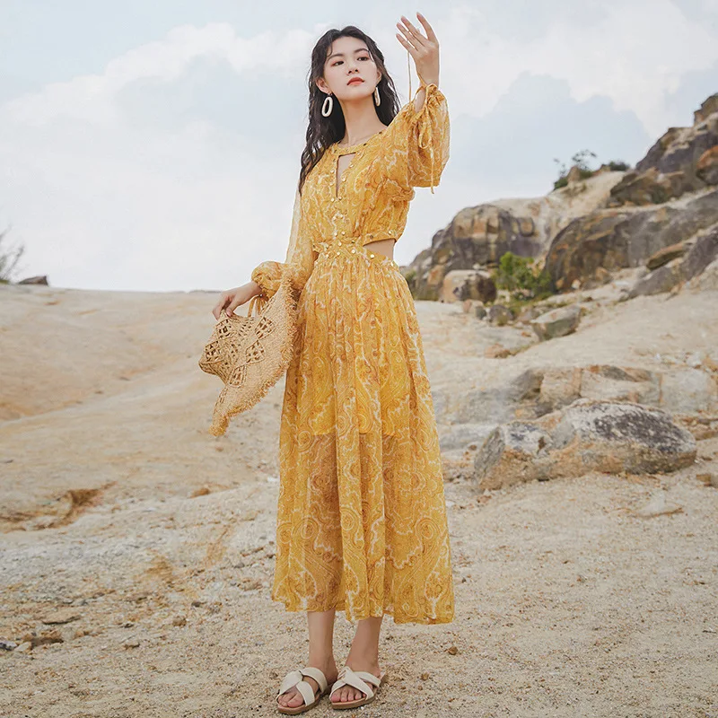 #3945 Summer Yellow Printed Bohemian Dress Women Hollow Out High Waisted Sexy Vintage Sundresses Midi Dress O Neck Sunscreen
#3945 Summer Yellow Printed Bohemian Dress Women Hollow Out High Waisted Sexy Vintage Sundresses Midi Dress O Neck Sunscreen