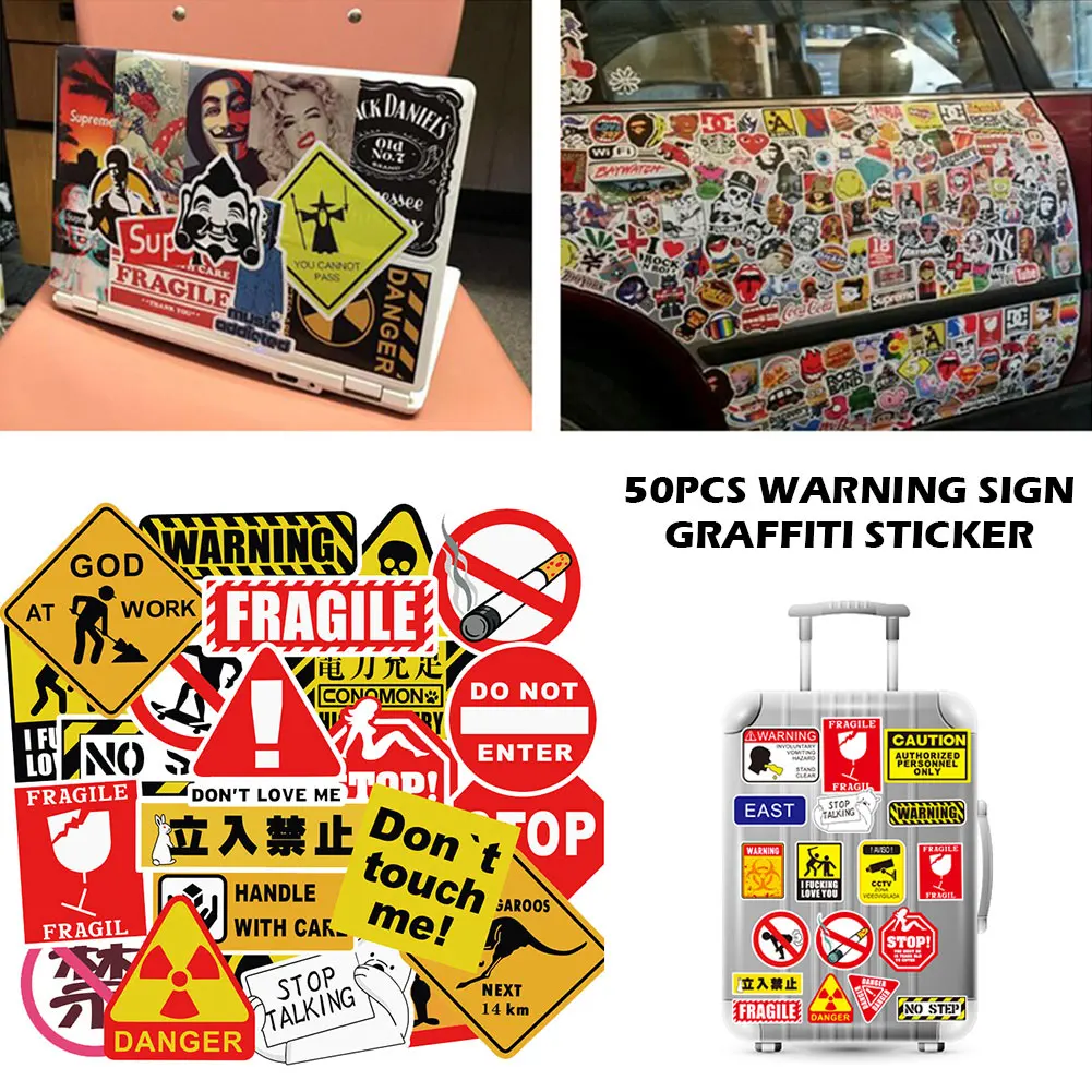 50Pcs Non-repeating Warning Sign Graffiti Sticker Auto Motorcycle Body Sticker Trolley Case Refrigerator Computer Sticker Set