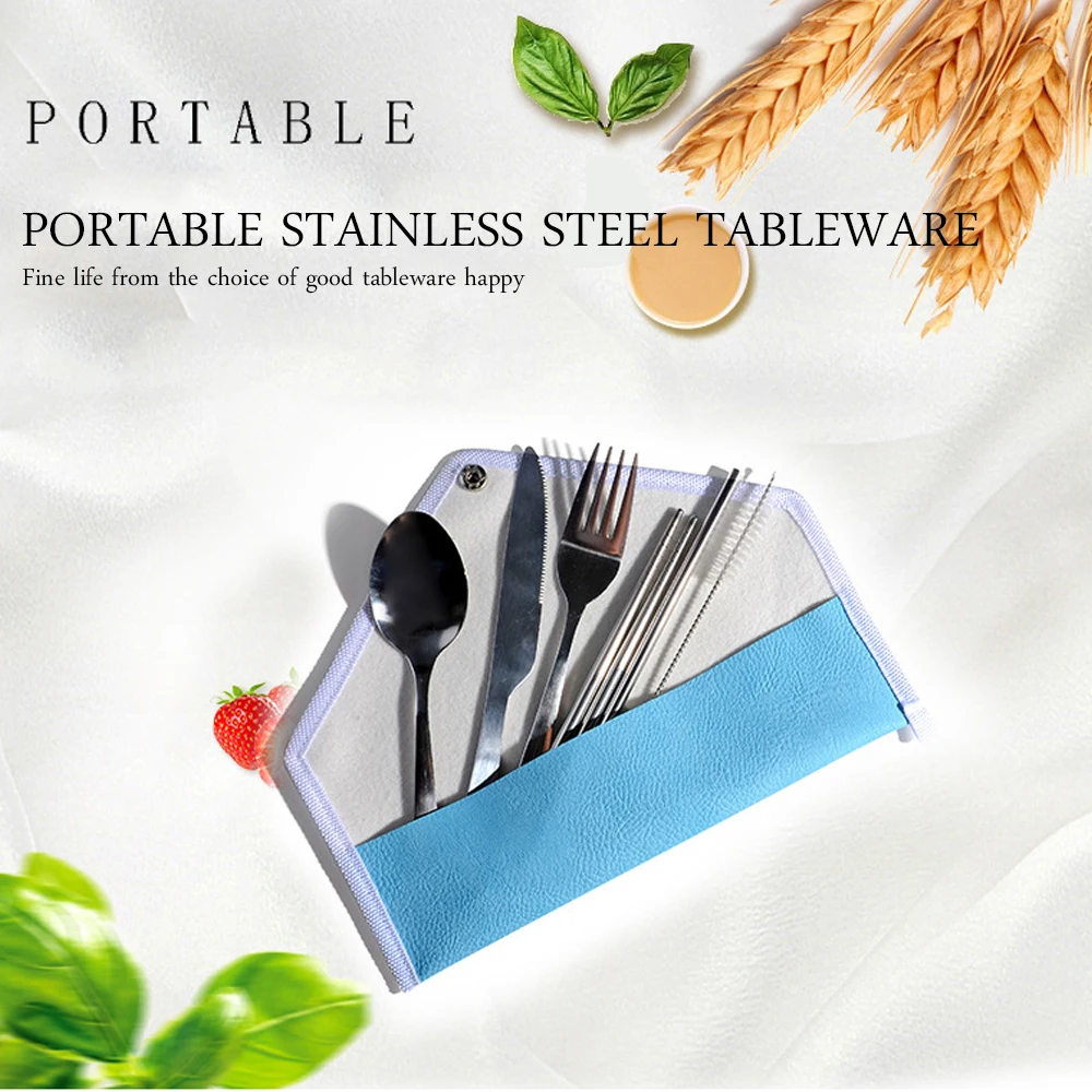 6PCS Stainless Steel Tableware Reusable Flatware in Portable Leather Bag Travel Cutlery Set Steel Tube Spoon Fork and Knife Kits
6PCS Stainless Steel Tableware Reusable Flatware in Portable Leather Bag Travel Cutlery Set Steel Tube Spoon Fork and Knife Kits