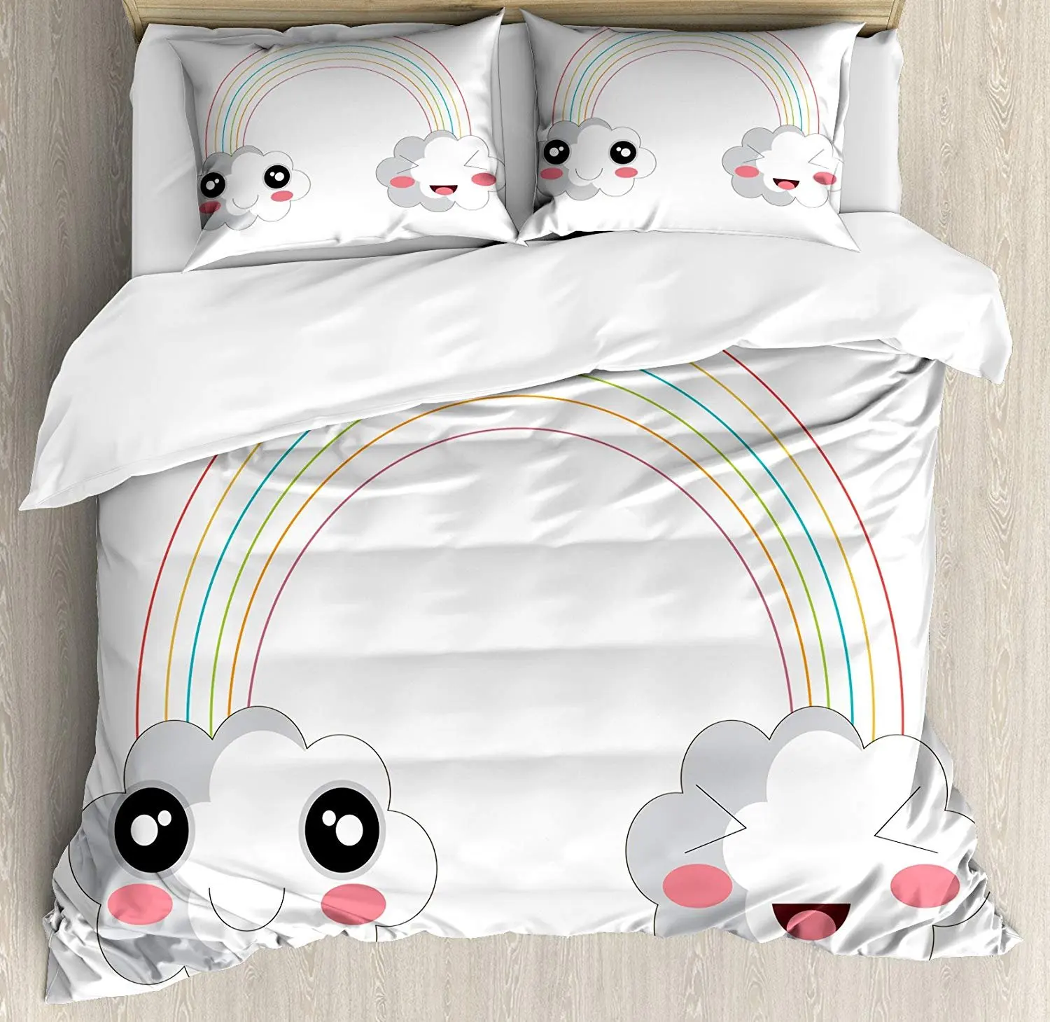 Anime Bedding Set Two Clouds and a Rainbow Happy Face Expressions Japanese Design for Kids Nursery Duvet Cover Set Pillowcase
Anime Bedding Set Two Clouds and a Rainbow Happy Face Expressions Japanese Design for Kids Nursery Duvet Cover Set Pillowcase