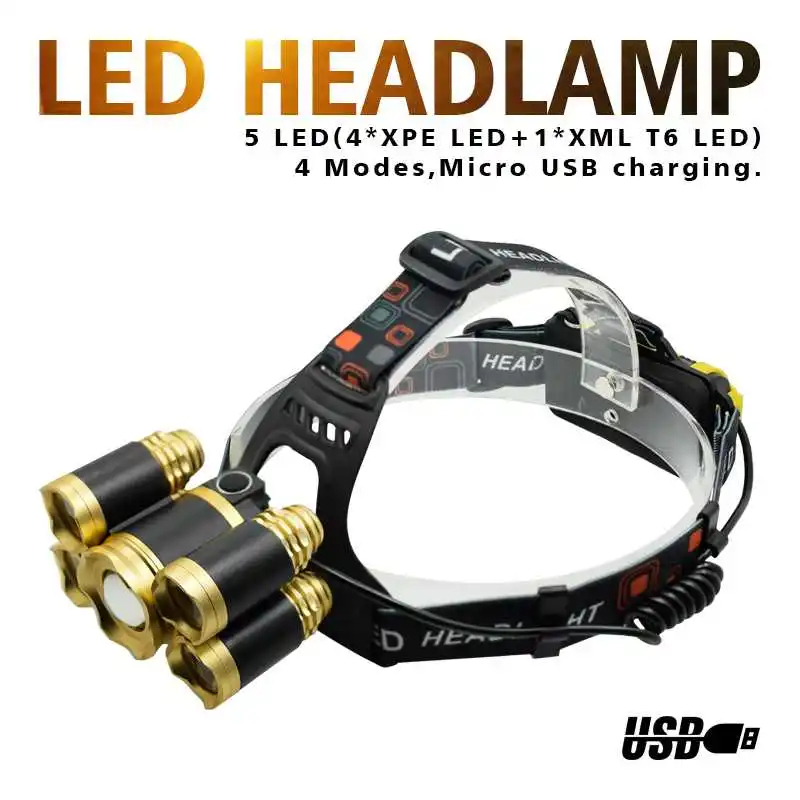 USB Rechargeable Headlamp 5 LEDs Zoomable Headlight 4 modes 1*XML T6 + 4*XPE Q5 Head Lamp Light High Power Forehead Flashlight
USB Rechargeable Headlamp 5 LEDs Zoomable Headlight 4 modes 1*XML T6 + 4*XPE Q5 Head Lamp Light High Power Forehead Flashlight