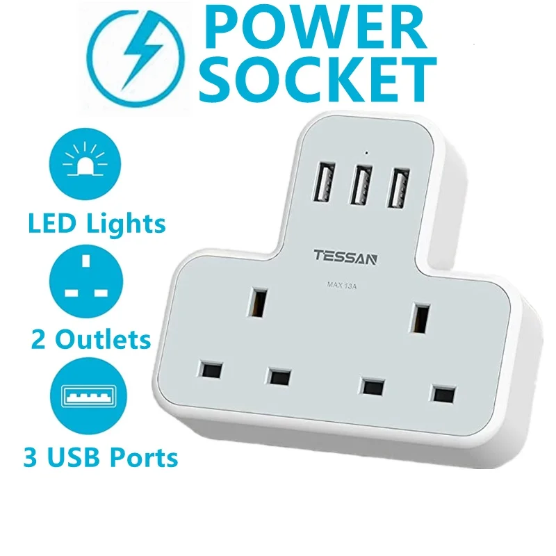 TESSAN UK Plug Adapter with 3 USB Ports & 2 Way UK Slots Multi Plug Wall Socket for Saudi Arabia United Arab Emirates Singapore
TESSAN UK Plug Adapter with 3 USB Ports & 2 Way UK Slots Multi Plug Wall Socket for Saudi Arabia United Arab Emirates Singapore