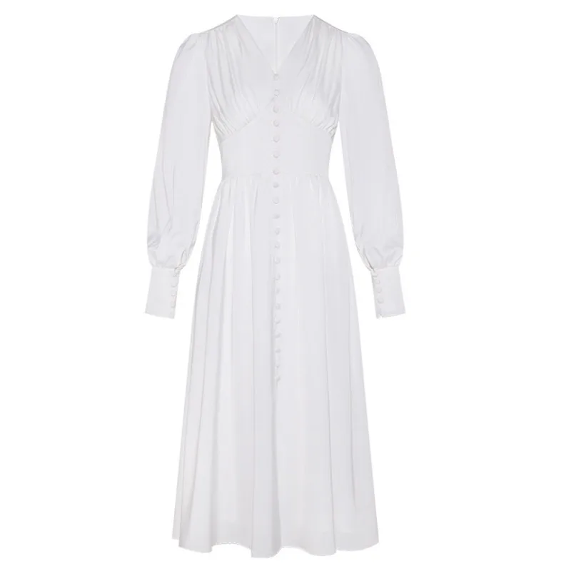 V-Neck Front Buttons Lantern Long Sleeved Midi White Elegant Ladies Dresses 
V-Neck Front Buttons Lantern Long Sleeved Midi White Elegant Ladies Dresses