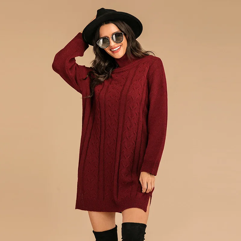 Women Cable-knit Dress Ladies Loose Solid Color High Collar Long Sleeve Slit Autumn Winter High Neck Straight Sweater Skirt
Women Cable-knit Dress Ladies Loose Solid Color High Collar Long Sleeve Slit Autumn Winter High Neck Straight Sweater Skirt