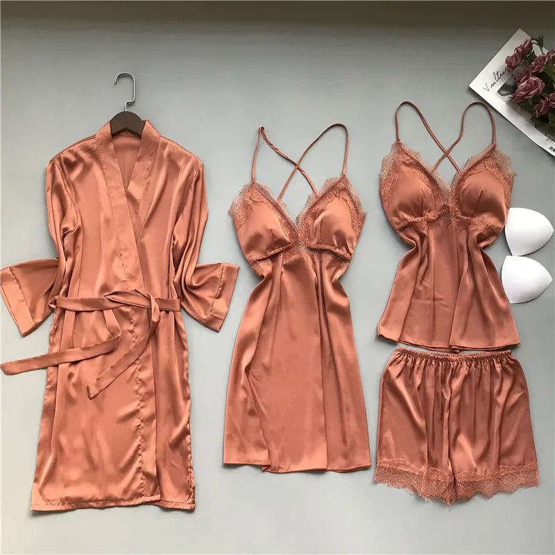 Spring Autumn Elegant Sexy Lace Trim 4 Pieces Women Pajamas Sets Faux Silk Sleepwear Fashion Homewear Nightwear
Spring Autumn Elegant Sexy Lace Trim 4 Pieces Women Pajamas Sets Faux Silk Sleepwear Fashion Homewear Nightwear