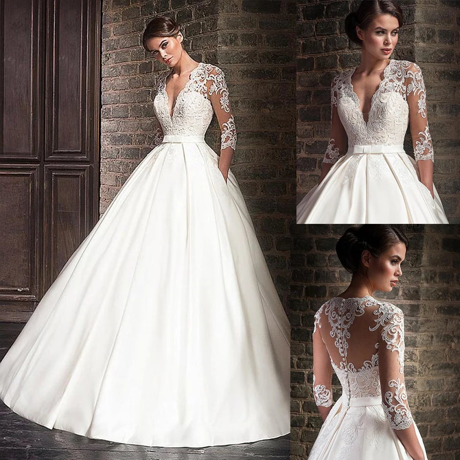 

Wedding Dress Satin V-Neck A-Line Vestidos De Novia With Applique Half Sleeves Lace With Pocket Robe De Mariee Свадебное Платье