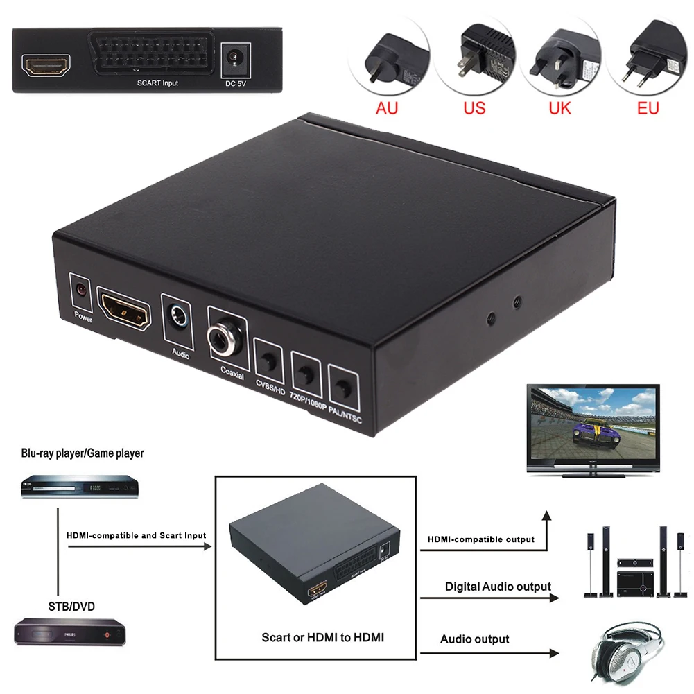 Адаптер 1080P Scart в HDMI совместимый преобразователь Аудио видео SCART для HD TV Sky Box PS2 XBOX360