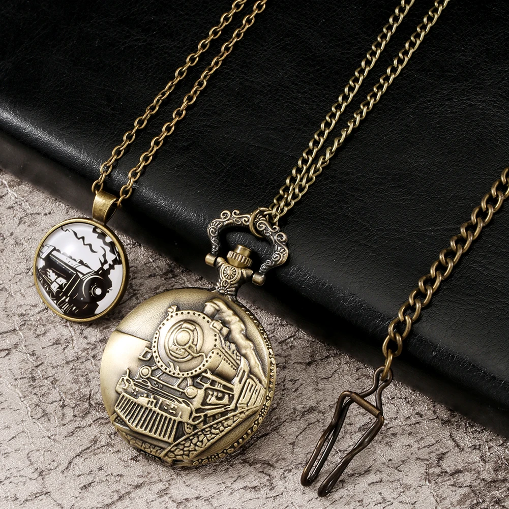 Винтажные карманные часы с подвеской и ожерельем набор полым бронзовым поездом