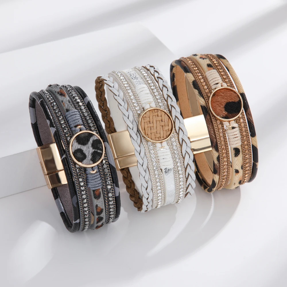 Bohemian Khaki Leopard Print Hand Woven Multilayer Magnet Women's Leather Bracelet Madam Jewelry Accessories Gift for Girlfriend
Bohemian Khaki Leopard Print Hand Woven Multilayer Magnet Women's Leather Bracelet Madam Jewelry Accessories Gift for Girlfriend