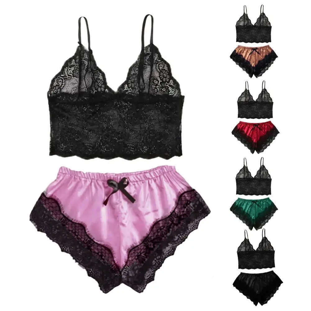 

Sleepwear Set Charming Elastic Solid Color Women Camisole Shorts Lace Sleepwear Set for Honeymoon Valentine Romantic Moment