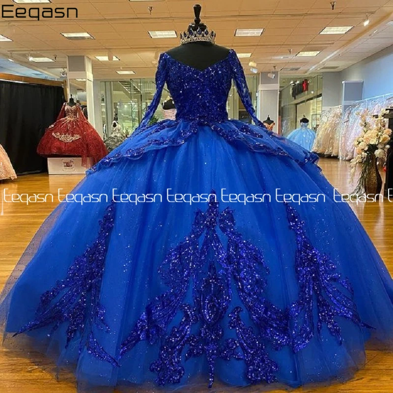 Luxury Bling Royal Blue Quinceanera Dresses V Neck Lace Appliques Ball Gown Long Sleeve Princess Puffy vestido de 15 anos
Luxury Bling Royal Blue Quinceanera Dresses V Neck Lace Appliques Ball Gown Long Sleeve Princess Puffy vestido de 15 anos