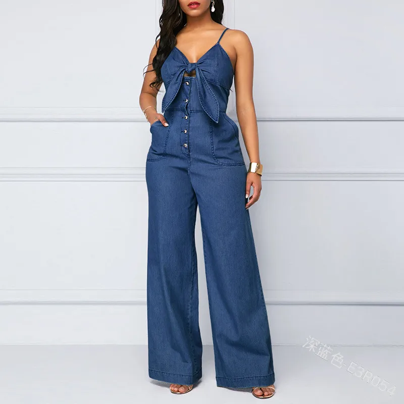 Summer Women's Denim Jumpsuit Sexy High Waist Wide Leg Long Pants Romper Front Tie Knotted Jeans V-neck Overalls trasksuit 2021
Summer Women's Denim Jumpsuit Sexy High Waist Wide Leg Long Pants Romper Front Tie Knotted Jeans V-neck Overalls trasksuit 2021