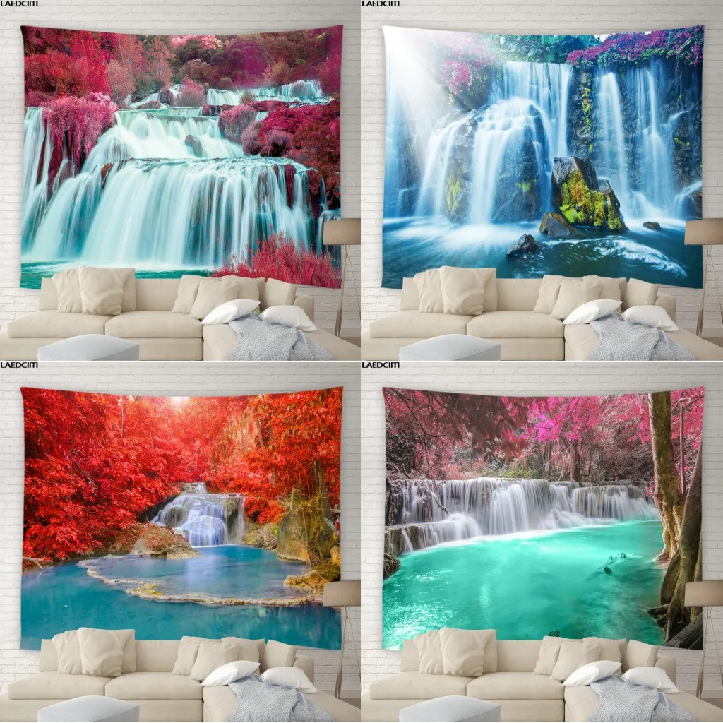 

Waterfall Scenery Tapestry Autumn Forest Lake Maple Leaf Natural Background Wall Hanging Cloth Living Room Bedroom Home Decor