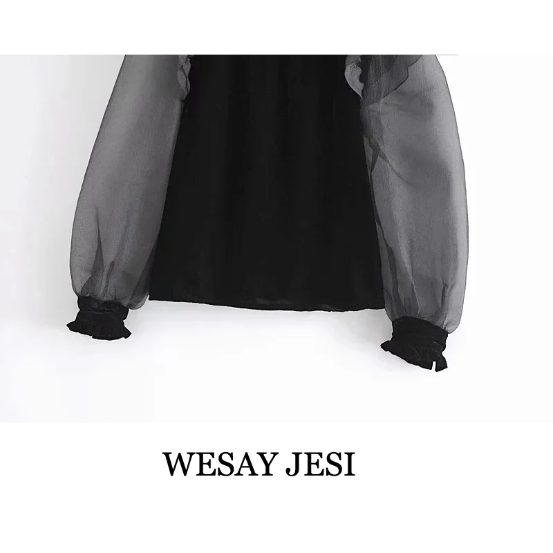 WESAY JESI Vintage Velvet Ruffle Shirt Women Transparent Organza Long Puff Sleeve Blouse Female Fashion Back Opening Black Top
WESAY JESI Vintage Velvet Ruffle Shirt Women Transparent Organza Long Puff Sleeve Blouse Female Fashion Back Opening Black Top