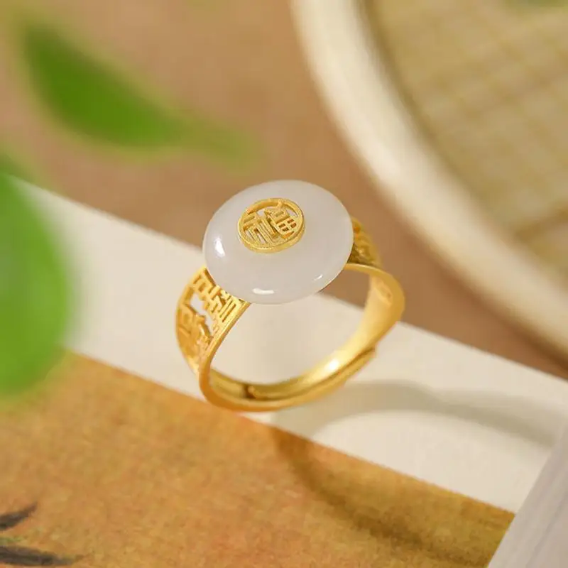 Inspired design new gold-plated inlaid natural Hetian jade round open ring elegant charm ladies silver jewelry
Inspired design new gold-plated inlaid natural Hetian jade round open ring elegant charm ladies silver jewelry