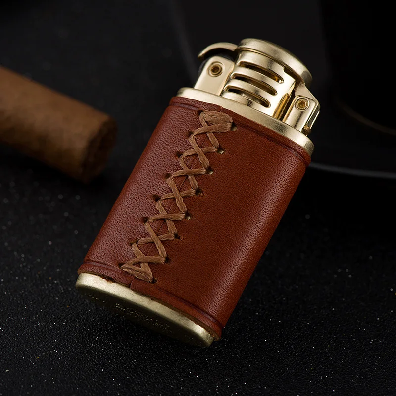 Handmade Leather Sewing Kerosene Windproof Grinding Wheel Lighter Retro Open Flame Windproof Kerosene Cigarette Lighter 
Handmade Leather Sewing Kerosene Windproof Grinding Wheel Lighter Retro Open Flame Windproof Kerosene Cigarette Lighter