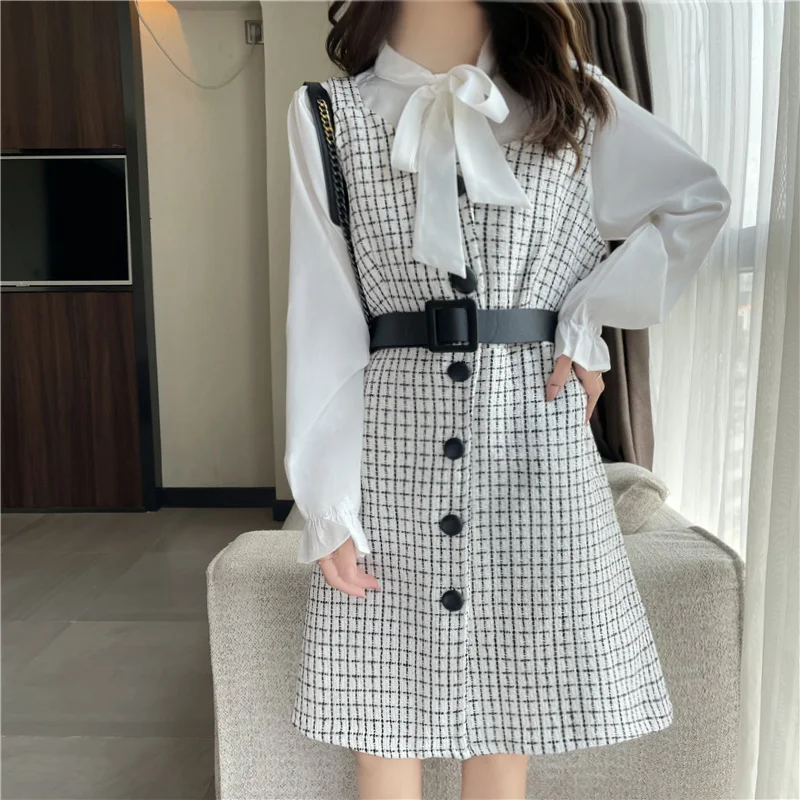 Fashion Suit Women's Autumn Winter 2021 Plaid Strap Dress White Long Sleeve Shirt Top Two-piece Set Rac
Fashion Suit Women's Autumn Winter 2021 Plaid Strap Dress White Long Sleeve Shirt Top Two-piece Set Rac