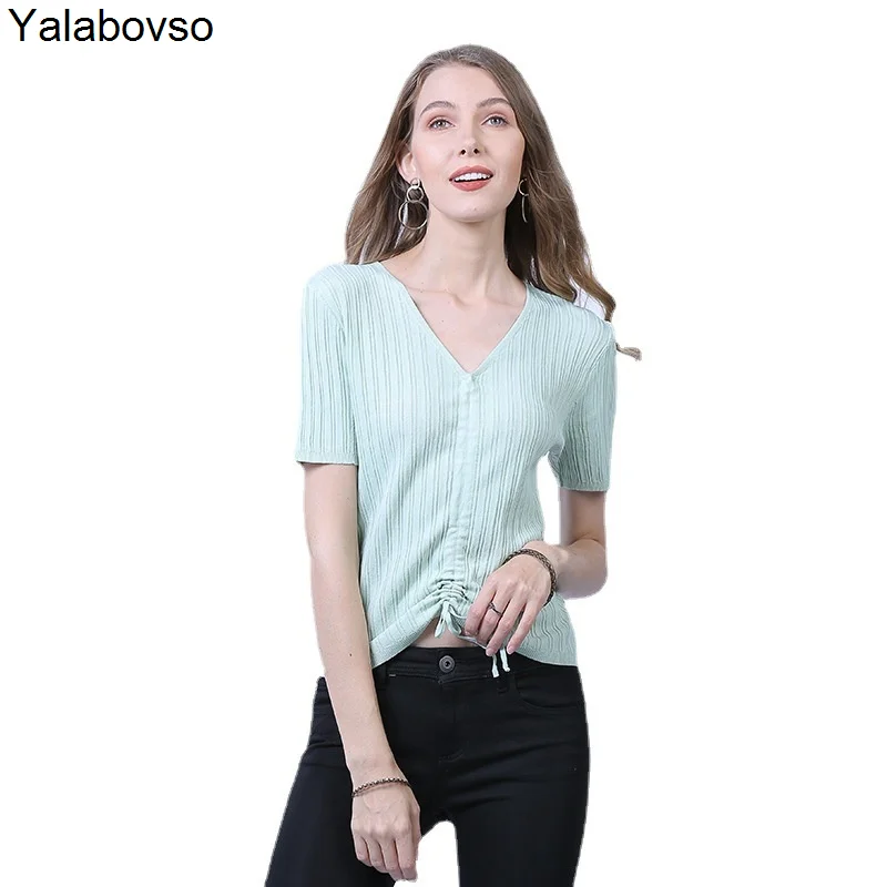 Summer 2021 New V-neck Solid Color T-shirt Women's Foreign Style Short Sleeve Drawstring Solid Color Tshirt Female Knitted Tees
Summer 2021 New V-neck Solid Color T-shirt Women's Foreign Style Short Sleeve Drawstring Solid Color Tshirt Female Knitted Tees