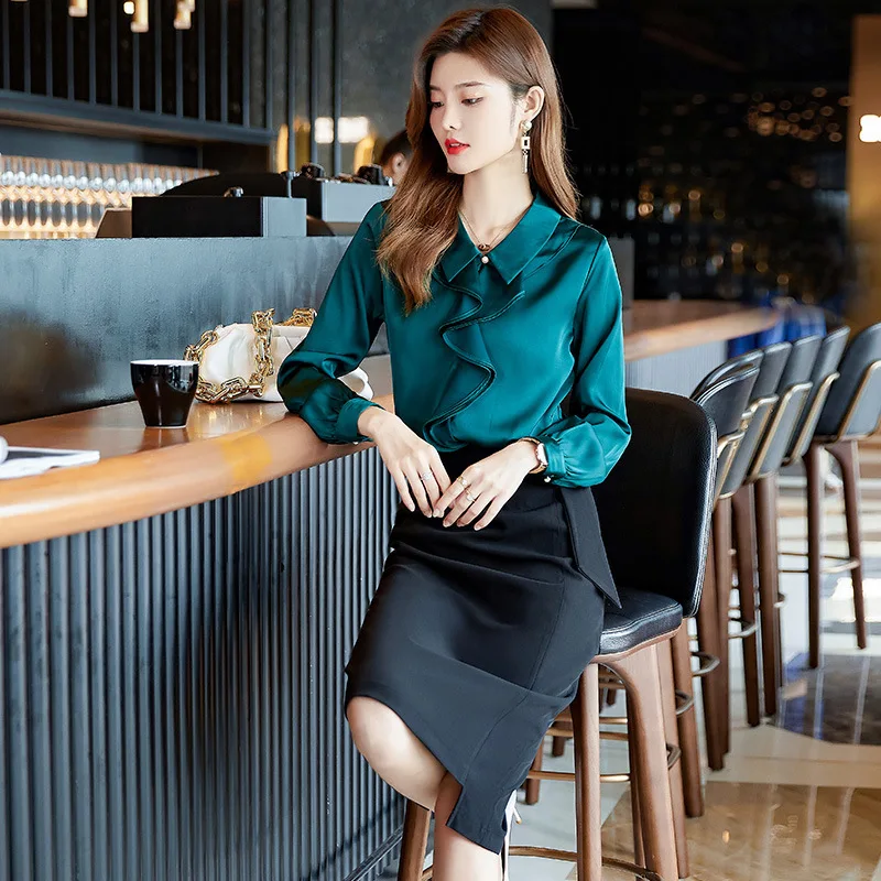 Корейская шелковая голубая рубашка с длинным рукавом 2021 осенние женские