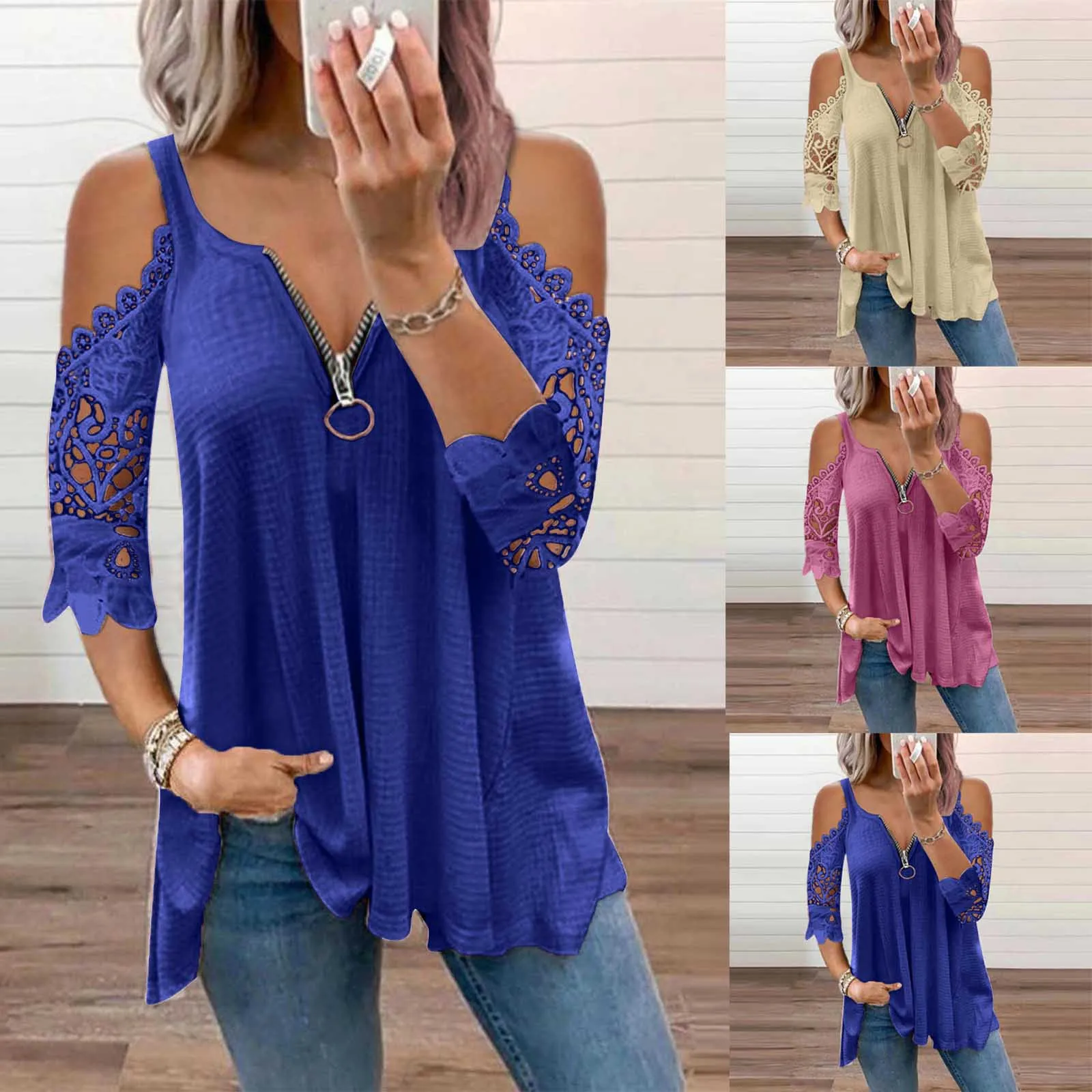New T-Shirt For Women Casual Lace Half SleeveV-Neck Zipper Hollow Out T Shirt Plus Size Tops Female T-shirt camisetas de mujer
New T-Shirt For Women Casual Lace Half SleeveV-Neck Zipper Hollow Out T Shirt Plus Size Tops Female T-shirt camisetas de mujer