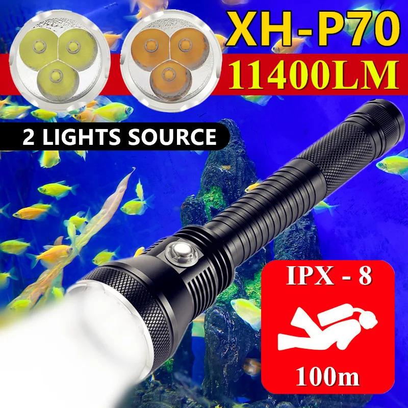

CREE XHP70 Powerful Dive Camera Fill Light High Power Underwater 100m Waterproof Tactical Torch Profession LED Diving Flashlight