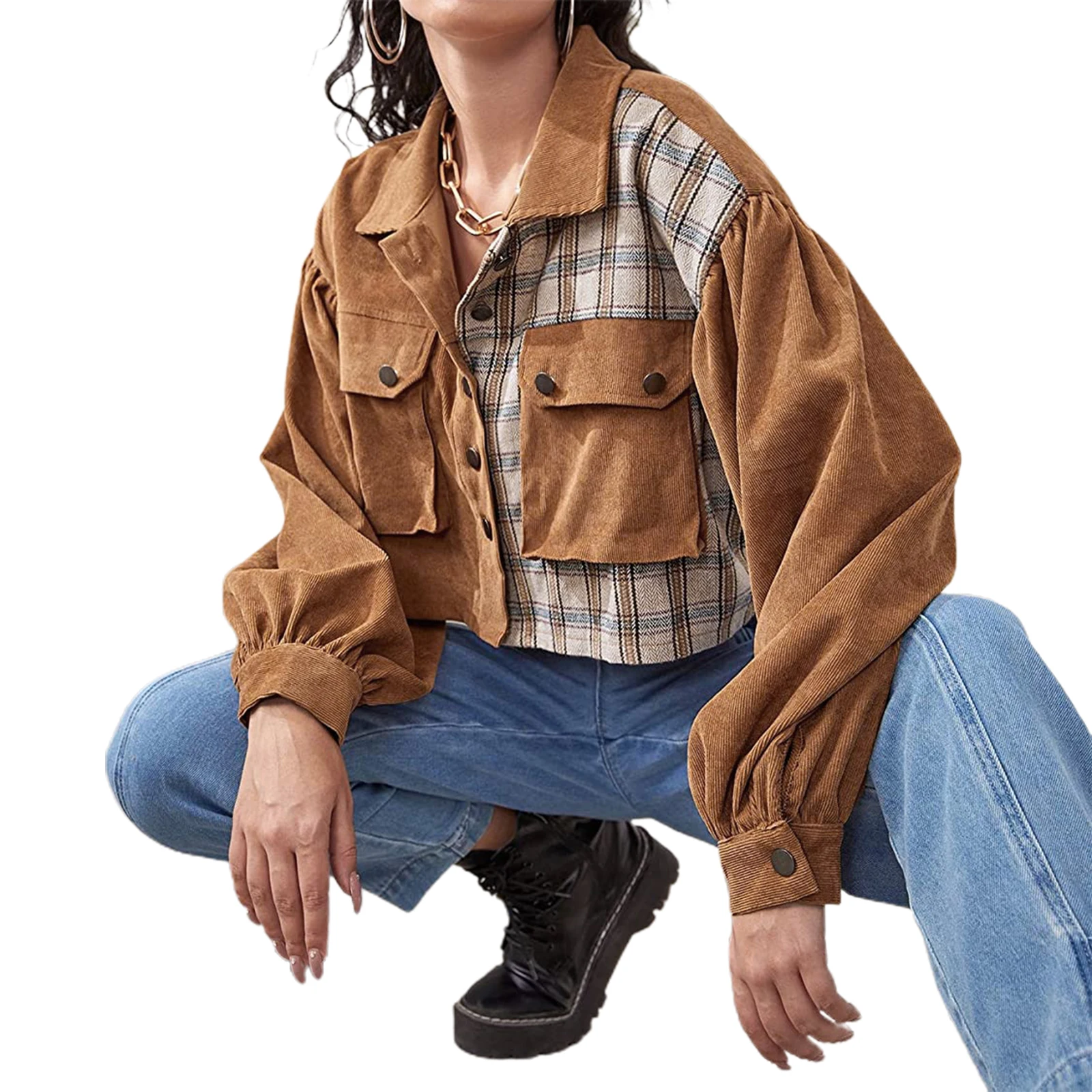 Women’s Casual Long Sleeve Cropped Cardigan Fashion Plaid Corduroy Stitching Lapel Jacket with Pockets
Women’s Casual Long Sleeve Cropped Cardigan Fashion Plaid Corduroy Stitching Lapel Jacket with Pockets