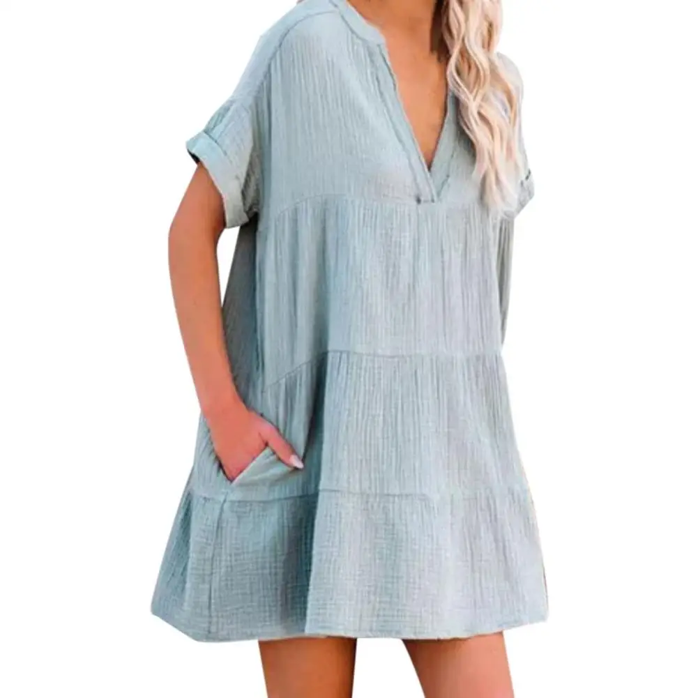 Women Swimsuit Coverups Sexy V-neck Sunscreen Shirt Dress Beach Pleated Short Sleeve Perspective Bathing Coverups Mini Dress 
Women Swimsuit Coverups Sexy V-neck Sunscreen Shirt Dress Beach Pleated Short Sleeve Perspective Bathing Coverups Mini Dress