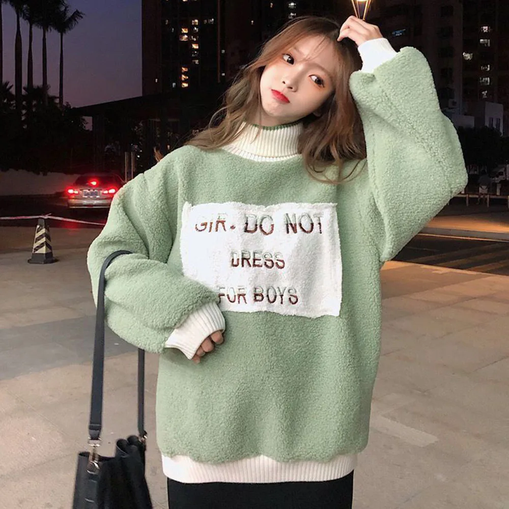 Lamb Wool Women Sweater Autumn Winter 2021 Korean Version Lazy Wind Thick Turtleneck Warm Pullover Letter Printing Casual Top
Lamb Wool Women Sweater Autumn Winter 2021 Korean Version Lazy Wind Thick Turtleneck Warm Pullover Letter Printing Casual Top