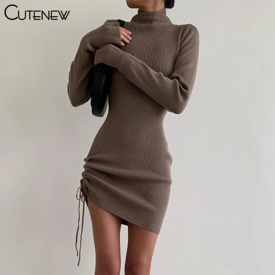 Cutenew Ribbed Kintted Turtleneck Long Sleeve Bodycon Dress Women Autumn Fashion Solid Casual Drawstring Stretch Lady Streetwear
Cutenew Ribbed Kintted Turtleneck Long Sleeve Bodycon Dress Women Autumn Fashion Solid Casual Drawstring Stretch Lady Streetwear