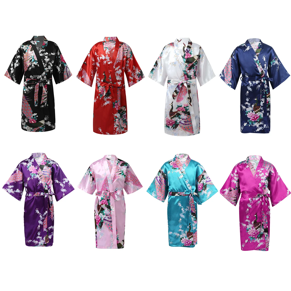

3-14 Years Children Girls Satin Kimono Robes Kids Sleepwear Peacock Flower Bathrobe Nightgown For Wedding Spa Party Birthday