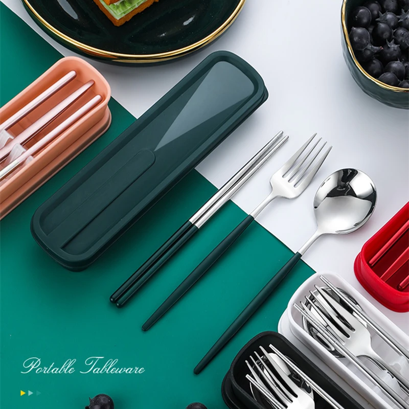 

2/3Pcs 304 Stainless Steel Cutlery Chopsticks Fork Spoon Dinnerware Portable Travel Tableware Gift Set Kitchen Utensils with Box