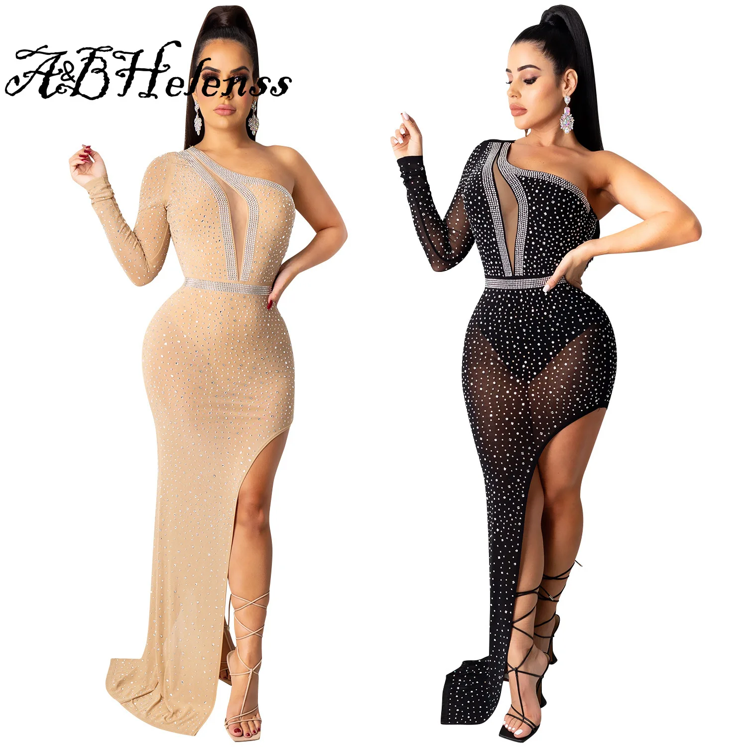 A&BHelenss Sheer Mesh Patchwork Diamonds One Shoulder Dress See Through High Split Party Vestidos Night Club Wear Elegant Robe
A&BHelenss Sheer Mesh Patchwork Diamonds One Shoulder Dress See Through High Split Party Vestidos Night Club Wear Elegant Robe