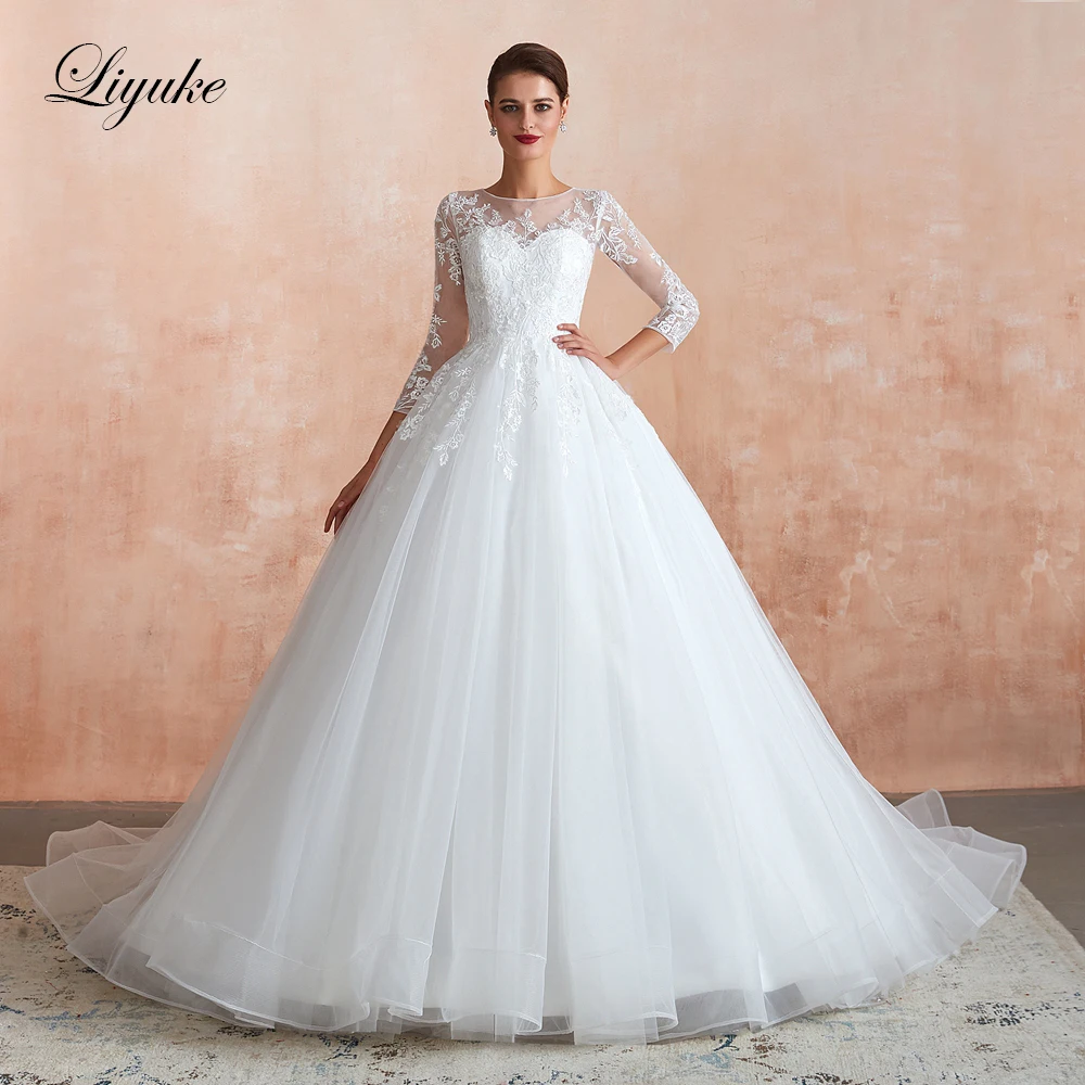 

Liyuke Gorgeous A Line Wedding Dress Full Sleeve With Court Train Of Scoop Neckline Bridal Dress