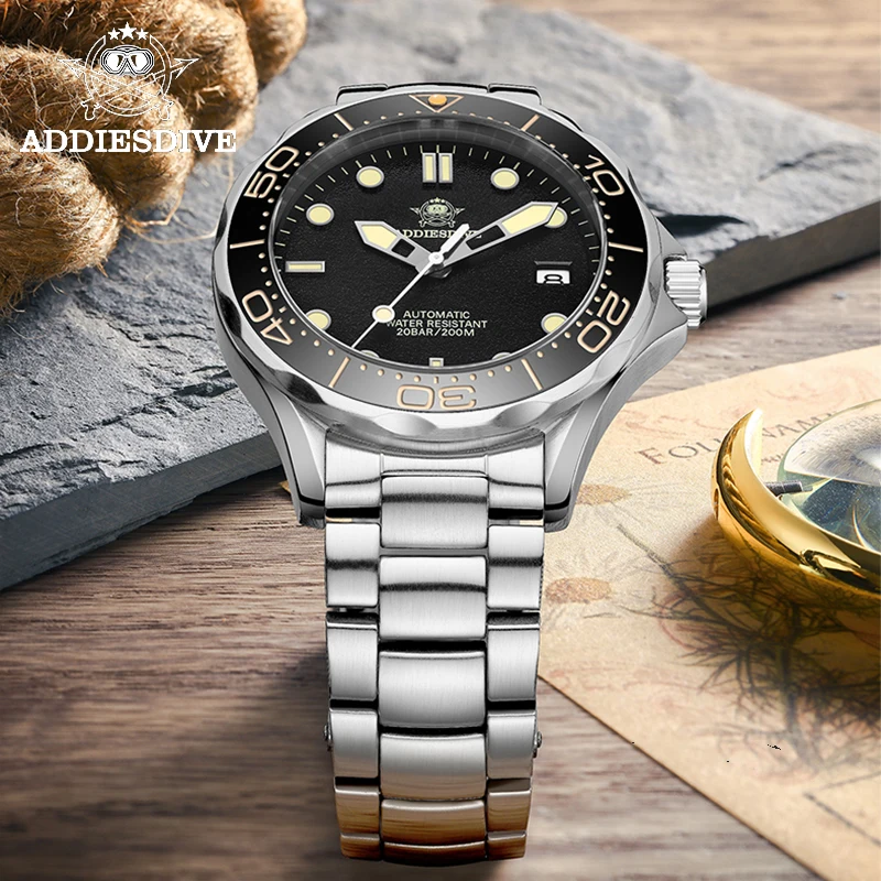 

Мужские часы Addies с черным циферблатом NH35 автоматические механические часы AD2106 сапфировое стекло C3 Супер светящиеся часы 200 м для дайвинга