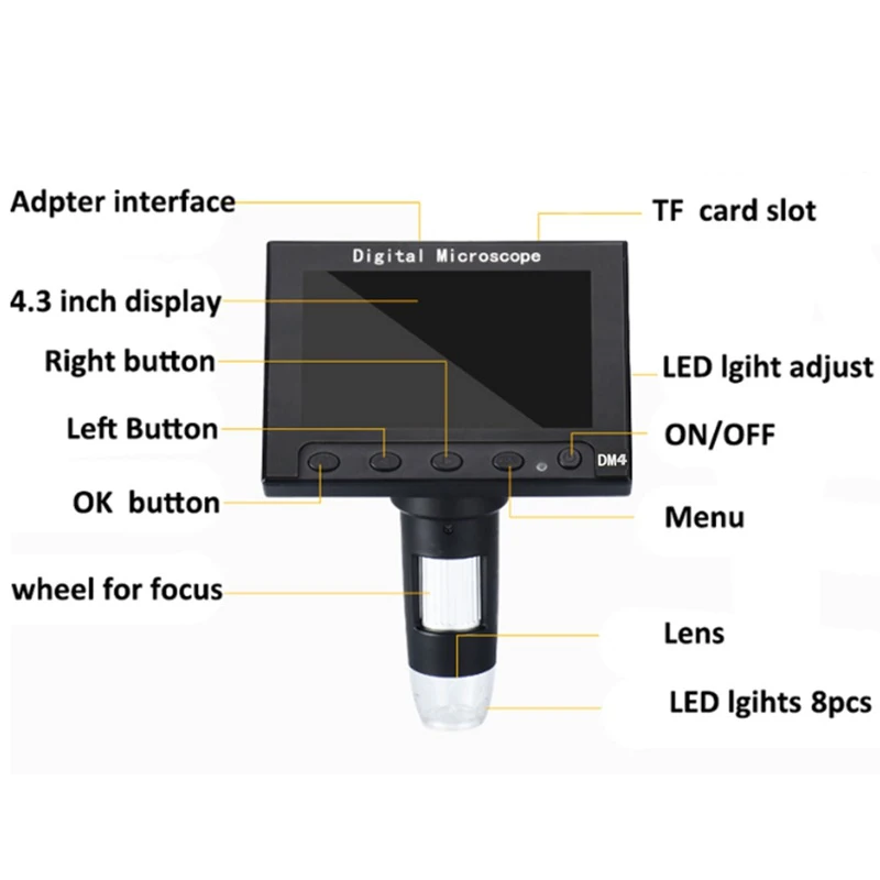 1000X USB Digital Electronic Microscope 4.3 inch LCD Display VGA Microscope with 8 LED for PCB Motherboard Repairing
1000X USB Digital Electronic Microscope 4.3 inch LCD Display VGA Microscope with 8 LED for PCB Motherboard Repairing