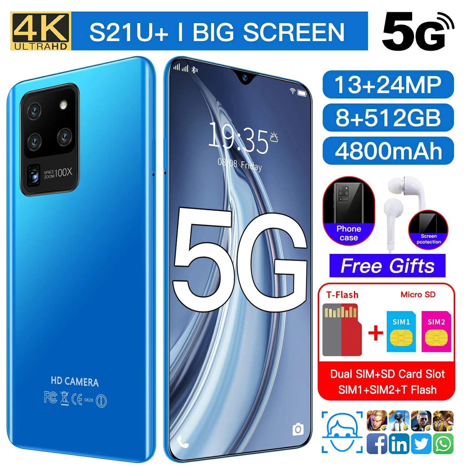 S21 U+ 6.7 inch Smart phone 8GB+512GB android mobile phones 4800mAh 5G smartphone 13MP+24MP Global version 10core cellphones
S21 U+ 6.7 inch Smart phone 8GB+512GB android mobile phones 4800mAh 5G smartphone 13MP+24MP Global version 10core cellphones