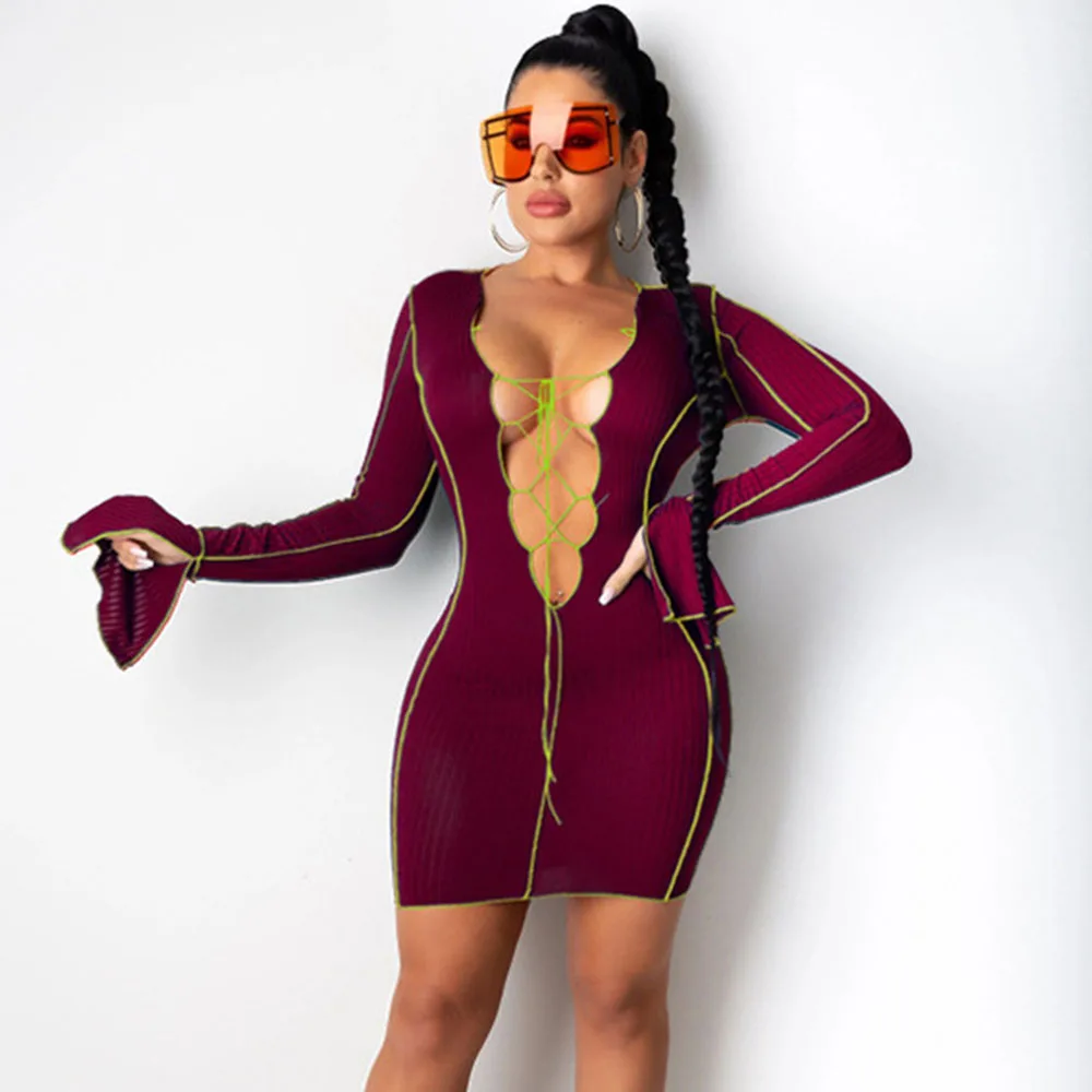 Sexy Ribbed Knit Lace-up Bandage Dress Women Deep V-neck Flare Sleeve Christmas Bodycon Mini Party Dresses Vestidos De Fiesta
Sexy Ribbed Knit Lace-up Bandage Dress Women Deep V-neck Flare Sleeve Christmas Bodycon Mini Party Dresses Vestidos De Fiesta