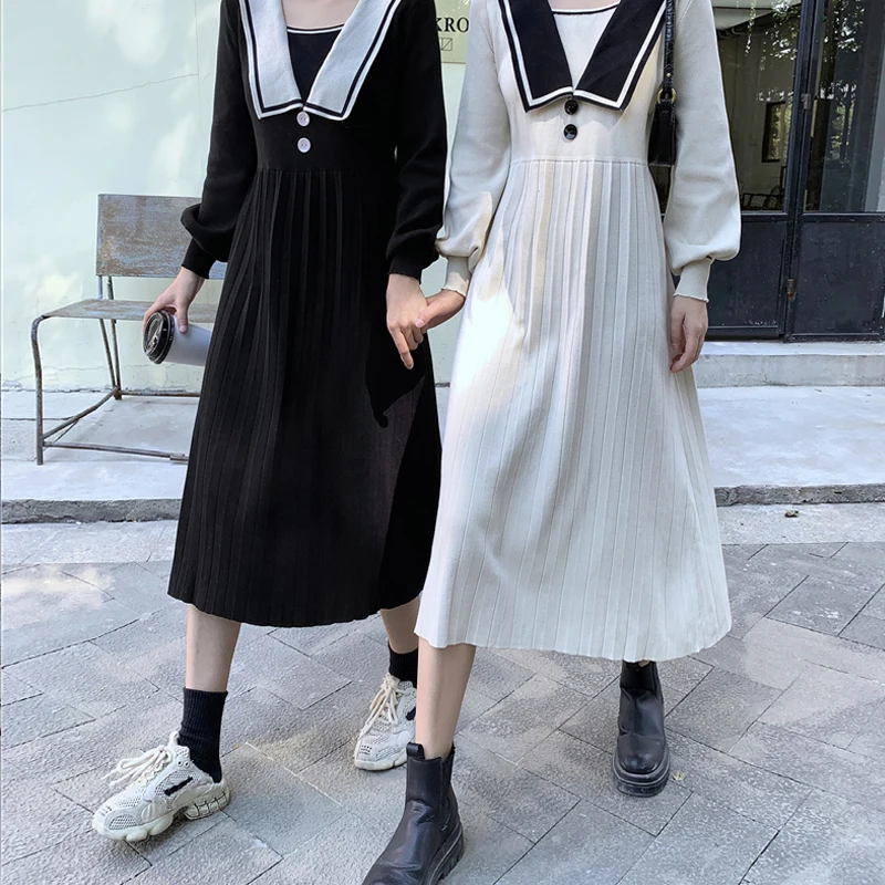 Winter Knitted Dress Korean Autumn New 2021 Female One Piece Dresses For Women Design Sailor Collar Elegant Office Sweater Dress
Winter Knitted Dress Korean Autumn New 2021 Female One Piece Dresses For Women Design Sailor Collar Elegant Office Sweater Dress