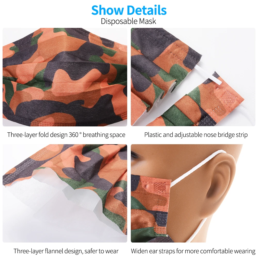 10-100pcs Camouflage Disposable Face Mask 3 Layer Filter Non-woven Breathable Mouth Mask Adult Protective Mondkapjes Mascarillas
10-100pcs Camouflage Disposable Face Mask 3 Layer Filter Non-woven Breathable Mouth Mask Adult Protective Mondkapjes Mascarillas