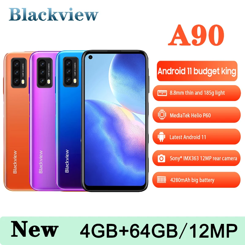 

Blackview A90 Smartphone 4GB+64GB 4280mAh Helio P60 Octa Core 12MP HDR Camera Mobile Phone Android 11 Telephone 4G LTE Celular