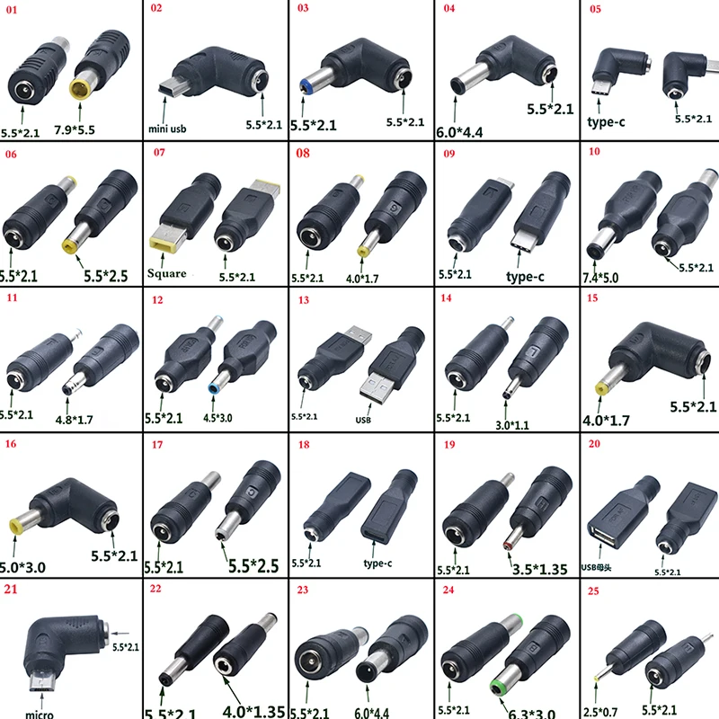 

1pcs DC Connector 5.5 x 2.1mm Female to 2.5×0.7、3.0×1.1、3.5×1.35、4.0×1.7、4.8×1.7、5.5×2.1 4.0x1.35mm Male Laptop Power Adapter