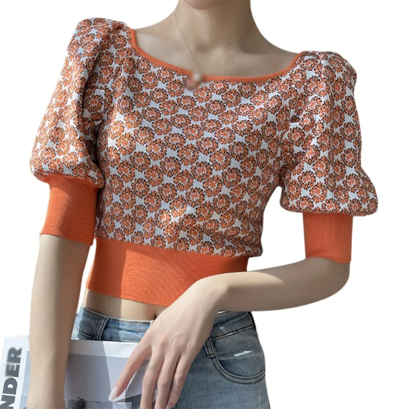 Summer Retro Collar Lantern Sleeve Tshirt Print Slim Short Sweet Ladies Knit Short Sleeves Tee Ladies Casual Crop T
Summer Retro Collar Lantern Sleeve Tshirt Print Slim Short Sweet Ladies Knit Short Sleeves Tee Ladies Casual Crop T