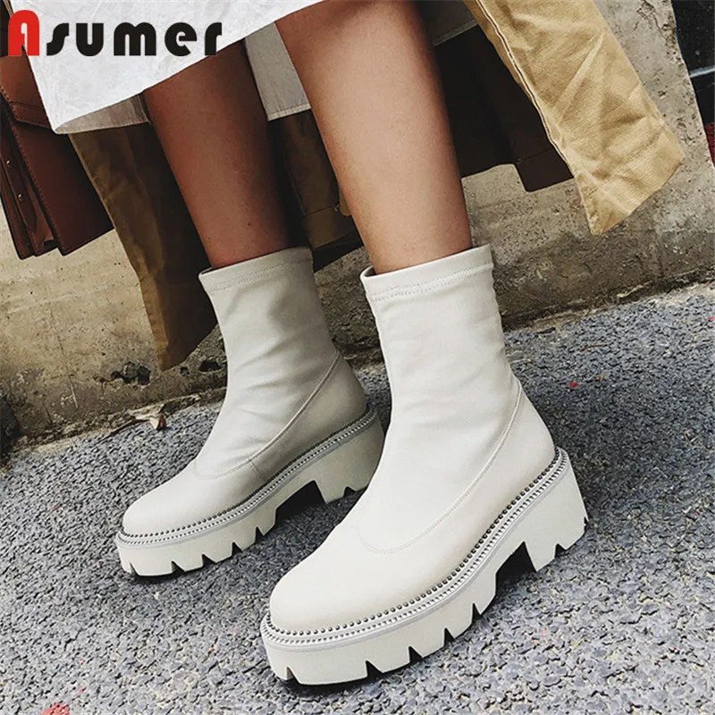 Asumer 2022 new arrival ankle boots women genuine leather square heel platform boots slip on top quality punk shoes woman 
Asumer 2022 new arrival ankle boots women genuine leather square heel platform boots slip on top quality punk shoes woman
